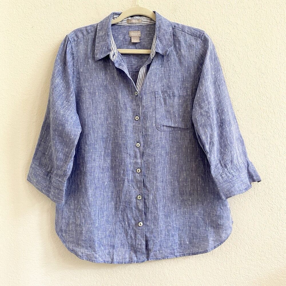 Chicos No Iron Indigo‎ Blue 100% Linen High Low Hem Button Up Tunic Sz S 8-10